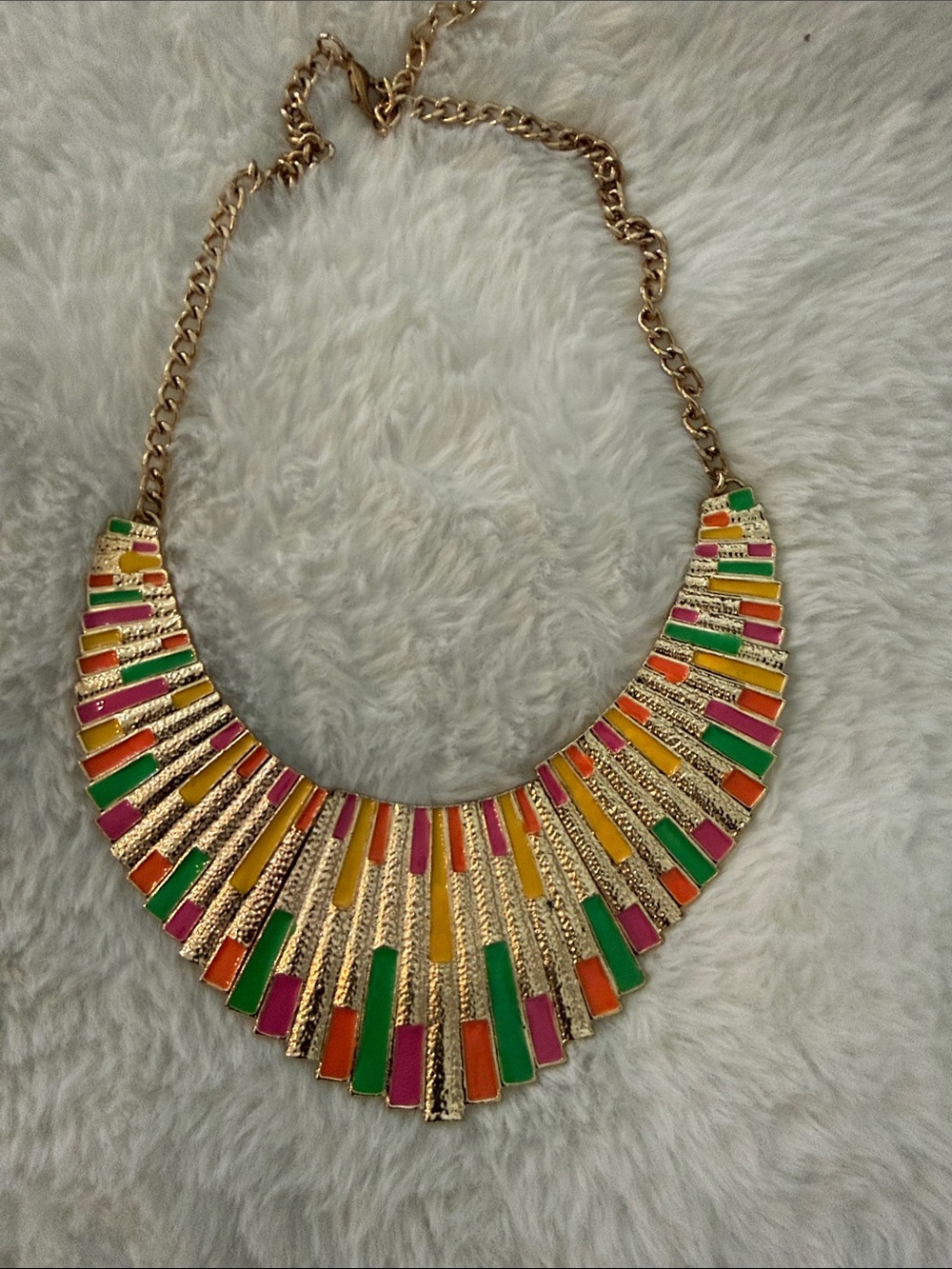 Multi-Color Enamel Statement Bib Necklace | Gold Tone Geometric Collar